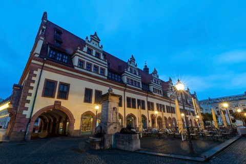 City History Museum, Old Town Hall, Lion Fountain, Blue Hour, Leipzig, Saxony, Germany