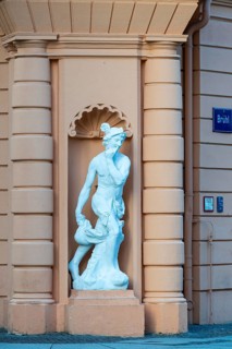 Hermes statue on the corner of the Romanus House, Brühl, Leipzig, Saxony, Germany