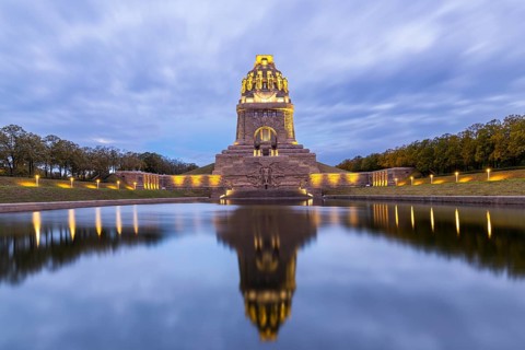 Monument to the Battle of the Nations, Lake of Tears, Blue Hour, Leipzig, Saxony, Germany