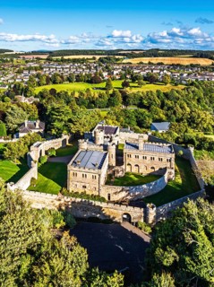 Jedburgh Castle from a drone, Jedburgh, Scottish Borders, Scotland, UK