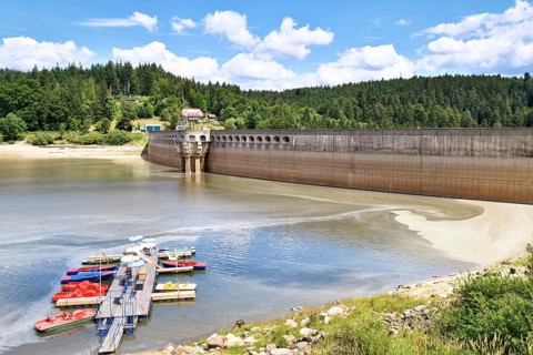 View on Schwarzenbach Dam (German: Schwarzenbachtalsperre) and reservoir in Forbach in the Northern