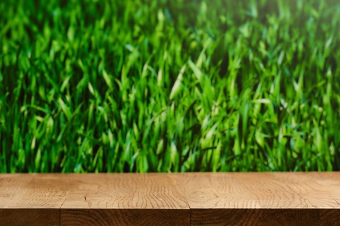 A wooden tabletop is placed in front of a lush green grass background. Sunlight enhances the vivid