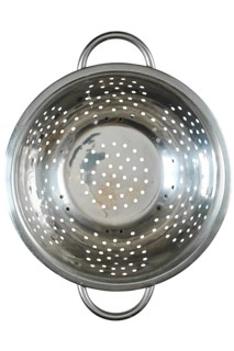 Top view of empty stainless steel colander isolated on white background
