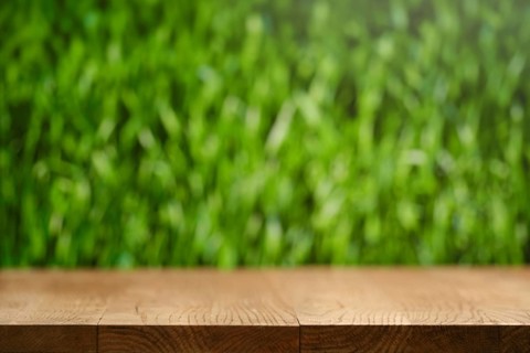 A simple wooden table stands in front of a softly blurred lush green grass background. The scene