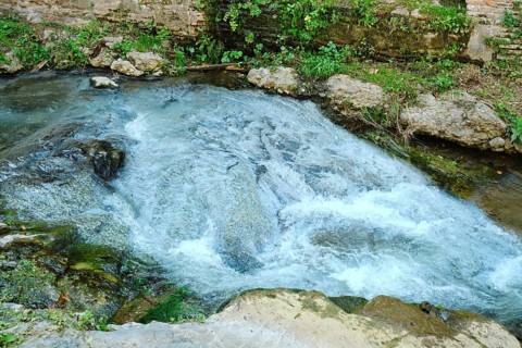 A small river flows over smooth stones, creating gentle ripples and splashes. Surrounded by