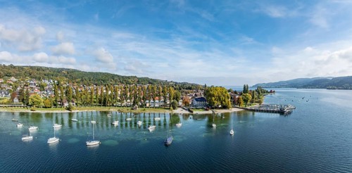 Aerial view, panorama of the village of Wangen on the Höri peninsula with boat moorings and jetty