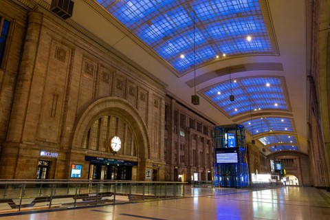 Entrance hall, Blue Hour, Central Station, Leipzig, Saxony, Germany