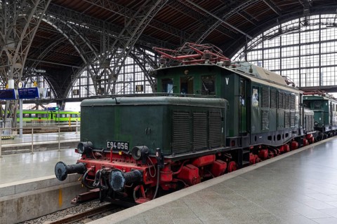 Riveted iron framework at the main railway station, historic train, Leipzig, Saxony, Germany