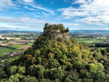 Aerial view of the Hegau volcano and the Hohenkrähen castle ruins, district of Constance,