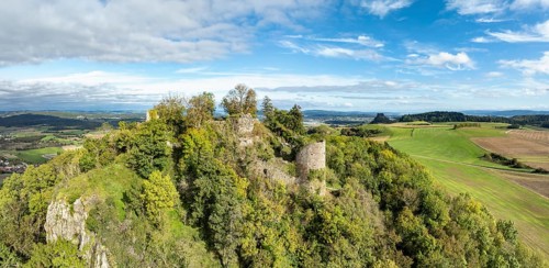 Aerial view, panorama of the Hegau volcano and the Mägdeberg castle ruins, with the Hohenkrähen on