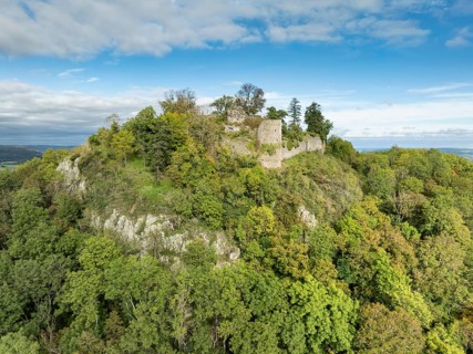 Aerial view of the Hegau volcano and the Mägdeberg castle ruins, district of Constance,