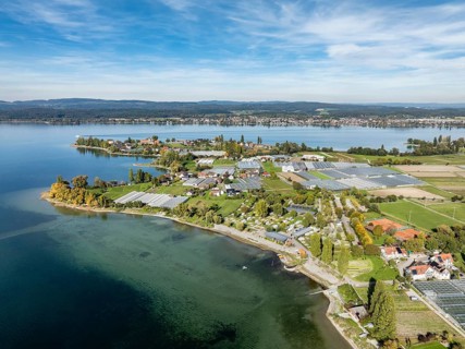Aerial view of the north-western tip of the island of Reichenau in Lake Constance, with the