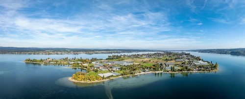 Aerial view, panorama of the island of Reichenau in Lake Constance, district of Constance,