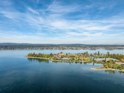 Aerial view of the north-western tip of the island of Reichenau in Lake Constance, with the