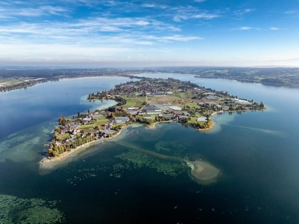 Aerial view of the north-western tip of the island of Reichenau in Lake Constance, with the