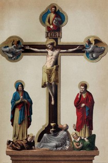 Crucifixion group from Wechselburg Abbey in Saxony, historical book illustration, colour lithograph