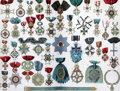 Colour plate with the most important orders in Europe in the 19th century, historical book