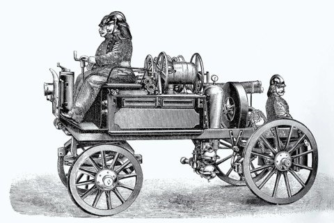 Fire engine with firemen around 1900, historical book illustration, wood engraving