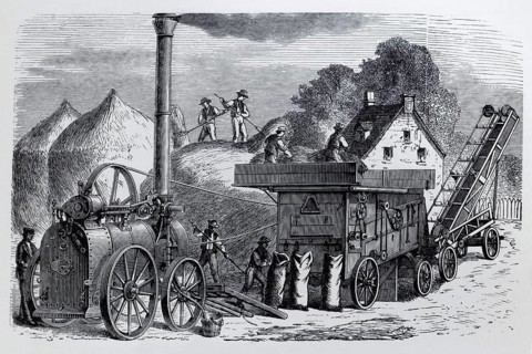 Steam threshing machine with staking device and straw elevator, agriculture around 1900, historical
