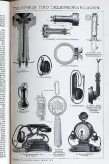 Encyclopaedia page with 19th century telephones and telephone systems, telephone technology,