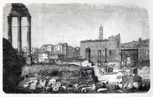 Roman Forum in Rome, historical book illustration, wood engraving