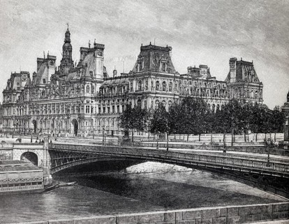 Hotel de Ville and Ponte d, ' Arcole in Paris, historical view, steel engraving, Brockhaus