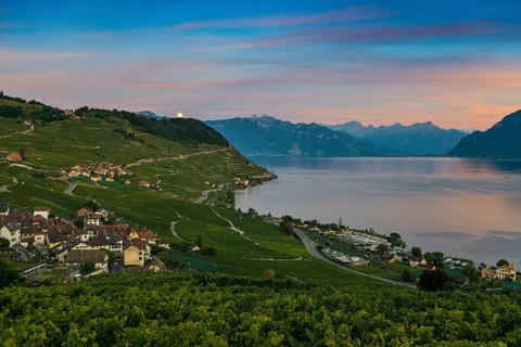 Picturesque village in the vineyards by the lake, Epesses, sunset, full moon, Lavaux, UNESCO World