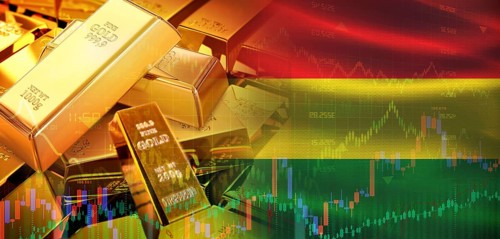 Gold bars stacked on Bolivian flag. Bolivia gold reserves, Concept