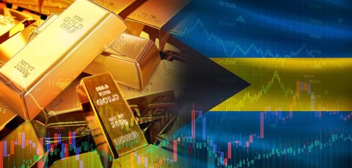 Gold bars stacked on Bahamian flag. Bahamas gold reserves, Concept