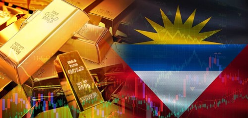 Gold bars stacked on Antiguan flag. Antigua and Barbuda gold reserves, Concept
