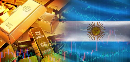 Gold bars stacked on Argentinian flag. Argentina gold reserves, Concept