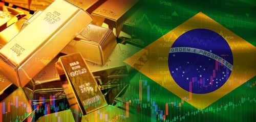 Gold bars stacked on Brazilian flag. Brazil gold reserves, Concept