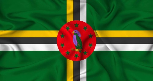 Realistic Dominica flag waving. Close up of flag of Dominica with cloth texture