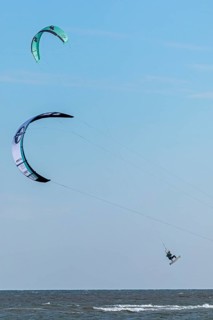 Kitesurfer jumping, Baltic Sea, Falshöft, Pommerby, Schleswig-Holstein, Germany