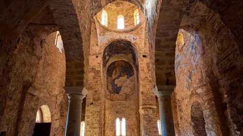 Church of Agia Sophia from the 14th century AD, interior of an old church with round arches and