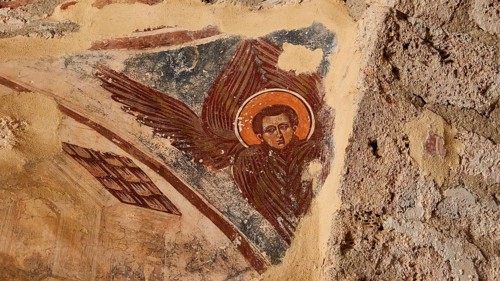 Post-Byzantine church of Agios Nikolaos from the 17th century AD, old fresco depicting an angel and