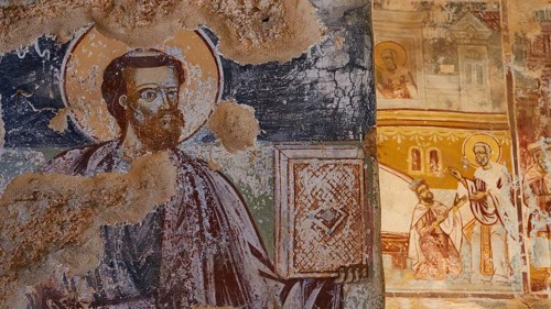Post-Byzantine church of Agios Nikolaos from the 17th century AD, fresco of a saint with book,