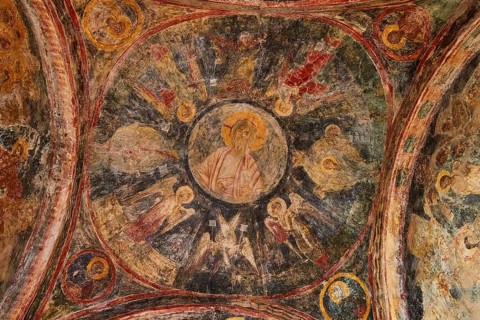 Church of Agia Sophia from the 14th century AD, detailed frescoes on the church ceiling with