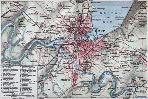 Geneva, historical city map from 1906, Switzerland