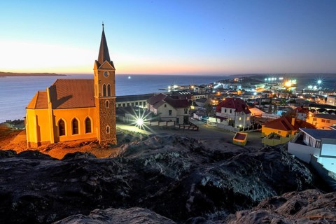 View of the rock church from 1912, blue hour, Lüderitz, Karas Region, Namibia