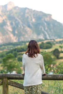 Woman leaning on a wooden fence, admiring the breathtaking view of picu urriellu, a stunning peak