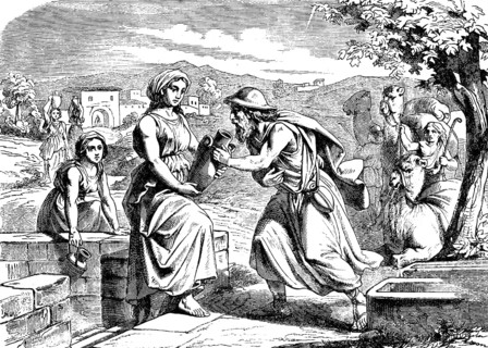 The virtuous Rebekah and Eliezer, servant of Abraham, at the well of Nahor, generous character,