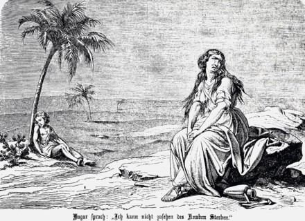 Hagar cannot bear the suffering of her thirsty son Ishmael in the desert, dying of thirst, water