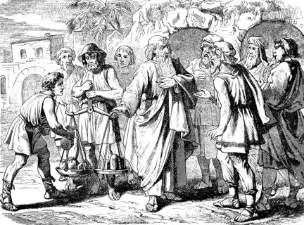 Abraham's woman Sarah dies at 127, he buys her an inheritance, city gate, group, merchant, scales,