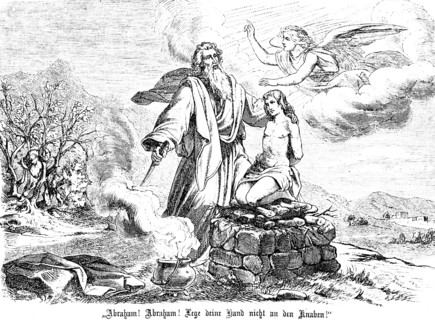 God commands Abraham to sacrifice his only son Isaac, revokes his command at the sacrificial mark,