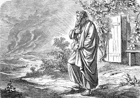 Abraham looks at the burning Sodom and Gomorrah in the distance, rising smoke, conflagration, hut,