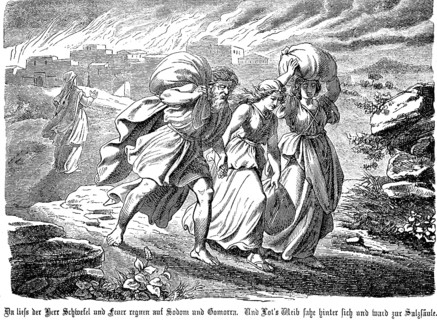 God rains brimstone and fire on Sodom and Gomorrah, Lot flees, his woman Sahra looks back and