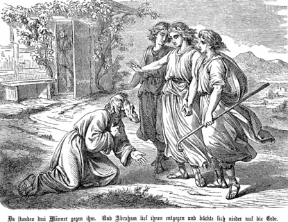 Three young men meet Abraham and tell him to father a child, Sahra overhears the conversation in