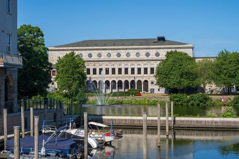 Town hall and town harbour, Mülheim an der Ruhr, Rur region, North Rhine-Westphalia, Germany