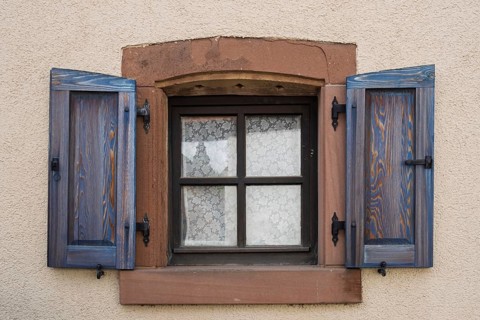 Window with blue shutters, Southern Palatinate, Palatinate, Rhineland-Palatinate, Germany